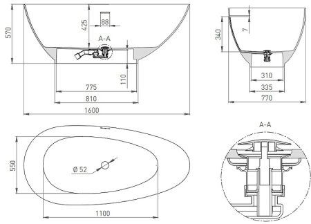 Ванна из искусственного камня Salini Paola 160х77 101511SMRF покраска по RAL полностью матовая 
