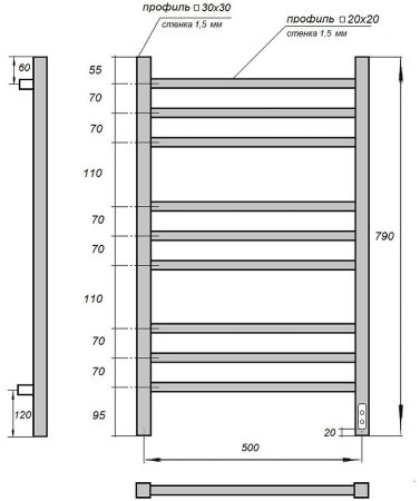 Электрический полотенцесушитель Point Вега PN71858 П9 500x800 диммер справа Хром 