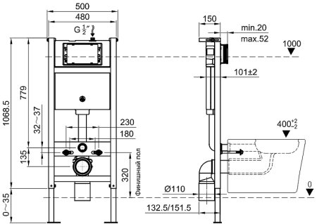 Инсталляция Olive's M48010 для унитаза без клавиши смыва 
