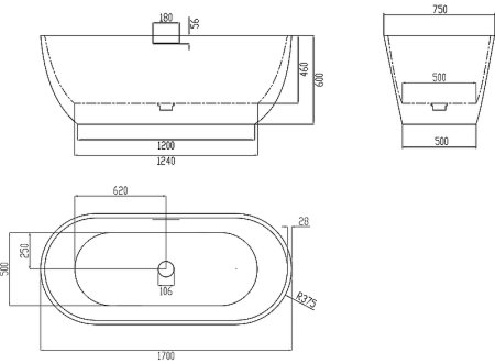 Ванна из искусственного камня Abber Frankfurt 170x75 AM9941G Серая без гидромассажа 