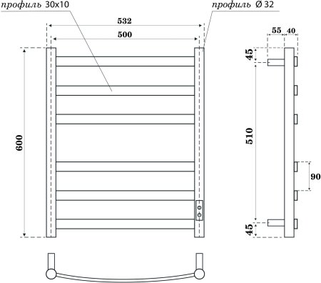 Полотенцесушитель электрический Point Антея PN17856B П6 500x600, диммер справа, черный 