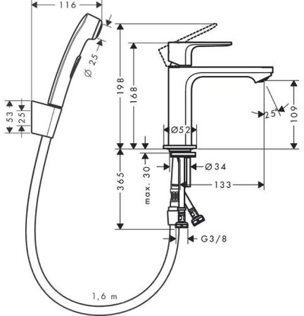 Смеситель для раковины Hansgrohe Rebris E 72216000 с гигиеническим душем Хром 