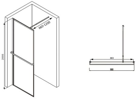 Душевая перегородка Abber Immer Offen 90 AG60090B профиль Черный стекло прозрачное 