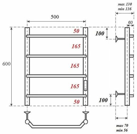 Электрический полотенцесушитель Point Виктория PN06856 П4 500x600 диммер справа Хром 