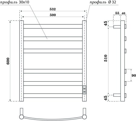 Полотенцесушитель электрический Point Антея PN17856W П6 500x600, диммер справа, белый 