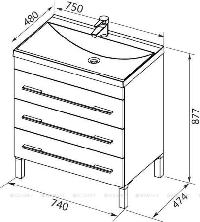 Тумба с раковиной Aquanet Верона 75 белый (напольная 3 ящика) 