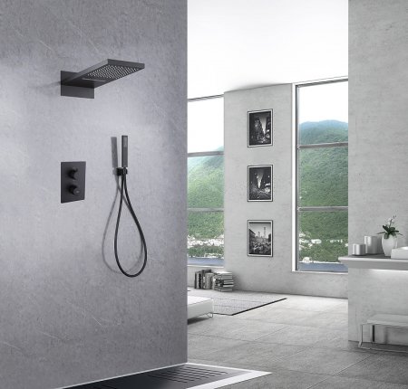 Душевая система Abber Weiss Insel AF8052B с термостатом Черная матовая 