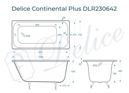Ванна чугунная Delice Continental PLUS 100х70 DLR230642 
