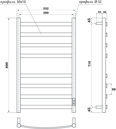Полотенцесушитель электрический Point Антея PN17858B П8 500x800, диммер справа, черный 