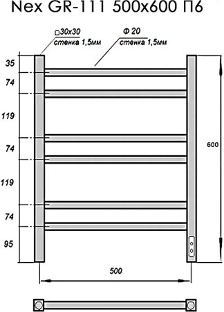 Электрический полотенцесушитель Grois Nex GR-111 50/60 П6 9005 U Черный матовый 