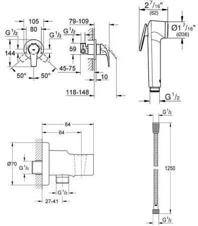 Гигиенический душ со смесителем Grohe Baucurve 123072 Хром 