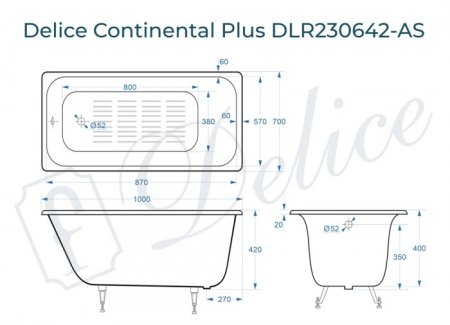 Ванна чугунная Delice Continental PLUS 100х70 с антискользящим покрытием DLR230642-AS 