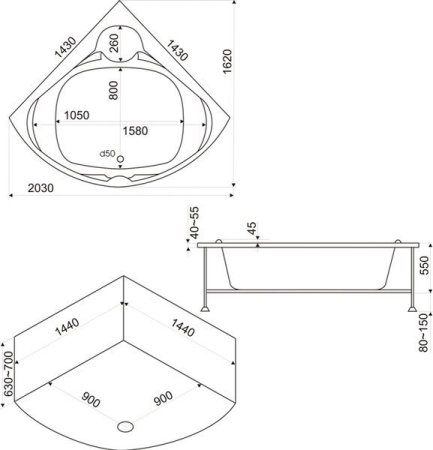 Акриловая ванна Bas Хатива 143x143 см с гидромассажем 