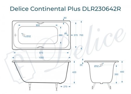 Ванна чугунная Delice Continental PLUS 100х70 с отверстиями под ручки DLR230642R 