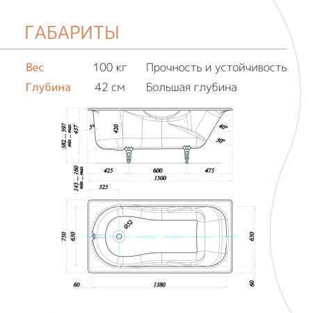Ванна чугунная Tempra Girona 150x75 см. Белая 