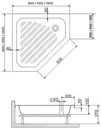 Душевой поддон трапеция RGW BT/CL-S  1000x1000 