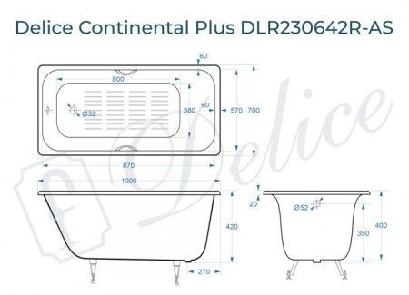 Ванна чугунная Delice Continental PLUS 100х70 с отверстиями под ручки и антискользящим покрытием DLR230642R-AS 