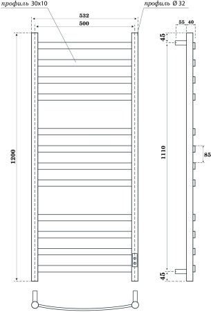 Полотенцесушитель электрический Point Антея PN17852B П12 500x1200, диммер справа, черный 