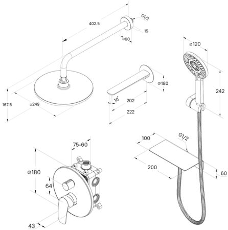 Душевая система скрытого монтажа с тропическим душем, ручным душем и изливом Milardo Rora (RORBL03M68) 