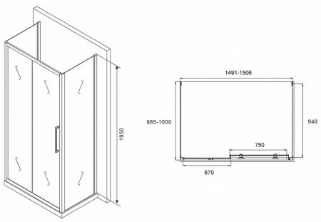 Душевой уголок Abber Schwarzer Diamant 150x100 AG30150MH-S100M-S100M профиль Хром стекло матовое 