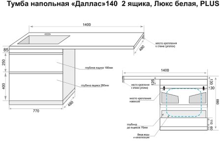 Тумба под раковину Style Line Даллас Люкс Plus 140 L СС-00002385 Белая 