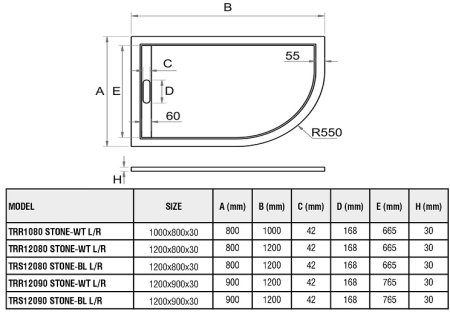 Душевой поддон из искусственного камня WeltWasser WW TRR 12090 STONE-BL R 120x90 10000004390 Черный 