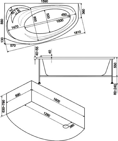 Акриловая ванна Bas Флорида 160x90 см L с гидромассажем 