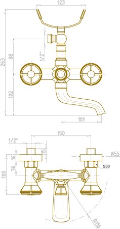 Смеситель для ванны и душа Bronze de Luxe Royal 10119 Бронза 