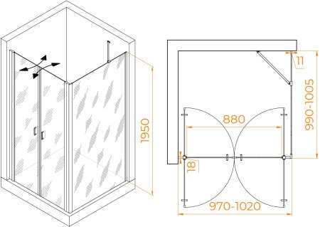 Душевой уголок RGW PA-134 (PA-104+Z-050-2+O-204) 1000x1000 