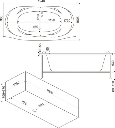 Акриловая ванна Bas Фиеста 194x100 см с гидромассажем 