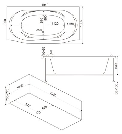 Акриловая ванна Bas Фиеста 194x100 см с гидромассажем 