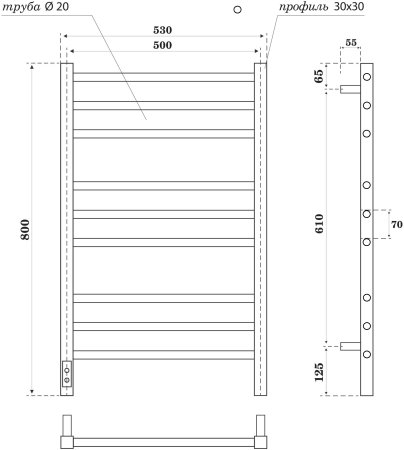 Полотенцесушитель электрический Point Веста PN70758GR П9 500x800, диммер слева, графит премиум 
