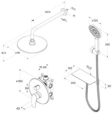 Душевая система скрытого монтажа с тропическим душем и ручным душем Milardo Rora (RORSB02M67) 