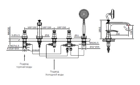 Смеситель на борт ванной с душем AltroBagno Beatrice 02-01.04 Cr хром 
