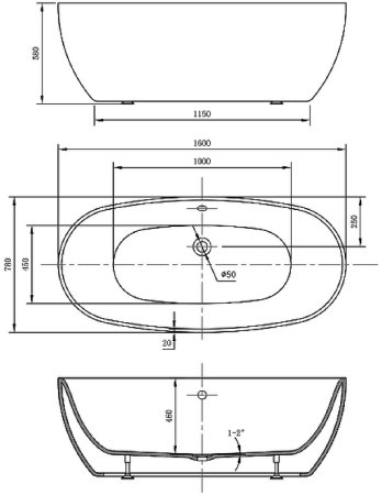 Акриловая ванна Vincea 160x78 VBT-405-1600 без гидромассажа 