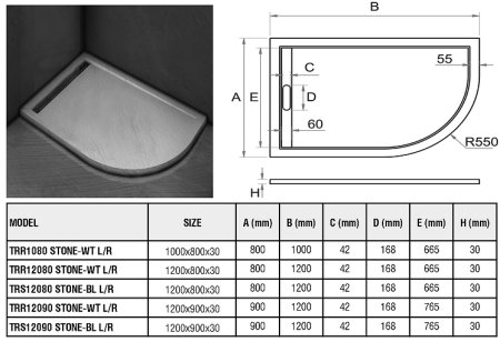 Душевой поддон из искусственного камня WeltWasser WW TRR 12080 STONE-WT L 120x80 10000004361 Белый 