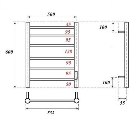 Полотенцесушитель электрический Point Аврора PN10856GR П6 500x600 диммер справа, графит премиум 