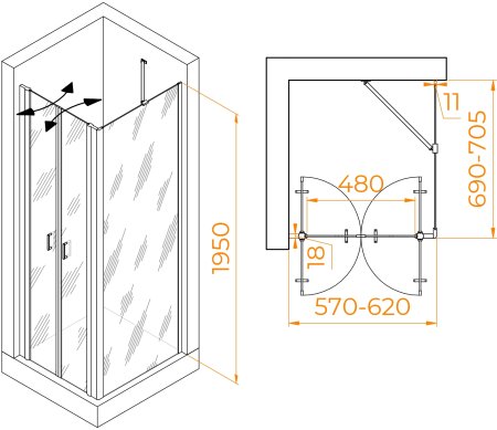 Душевой уголок RGW PA-144B (PA-104B+Z-050-2B+O-204B) 600x700 