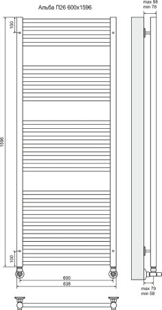 Водяной полотенцесушитель Terminus Альба П26 600x1596 4620768886577 Хром 