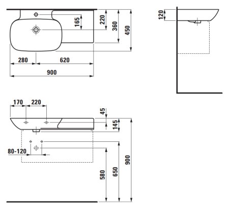 Раковина Laufen Ino 8.1330.2.000.104.1 90 см, полочка справа 