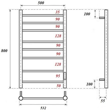 Полотенцесушитель электрический Point Аврора PN10858GR П8 500x800 диммер справа, графит премиум 