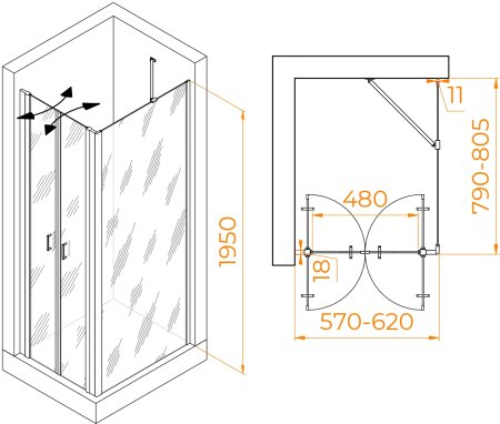 Душевой уголок RGW PA-144B (PA-104B+Z-050-2B+O-204B) 600x800 