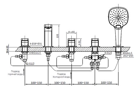 Смеситель на борт ванной с душем AltroBagno Lamberto 02-01.01 Cr хром 