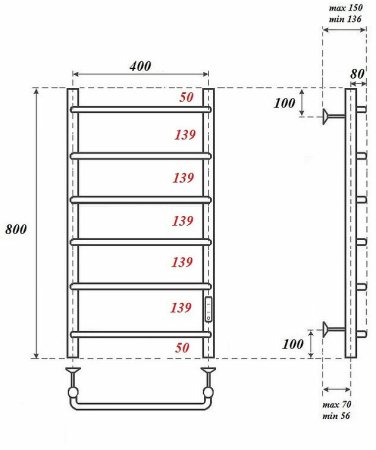 Электрический полотенцесушитель Point Ника PN08848 П6 400x800 диммер справа Хром 