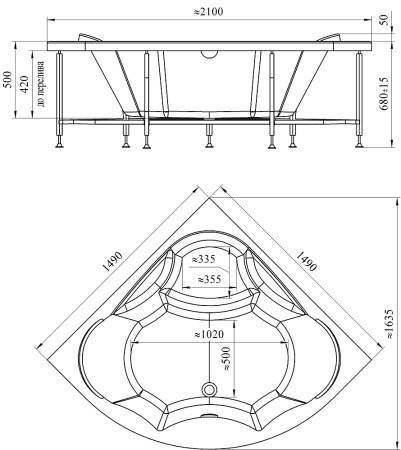 Акриловая ванна Radomir Vannesa Massage Сандра 149х149, с гидромассажем, каркасом и экраном, классик 