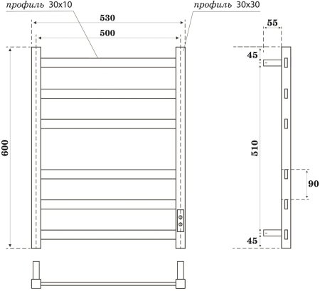 Полотенцесушитель электрический Point Меркурий PN83856GR П6 500x600, диммер справа, графит премиум 