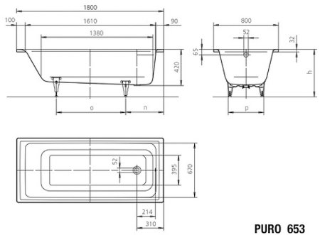 Стальная ванна Kaldewei Puro 653 180x80 256300010001 без покрытия 