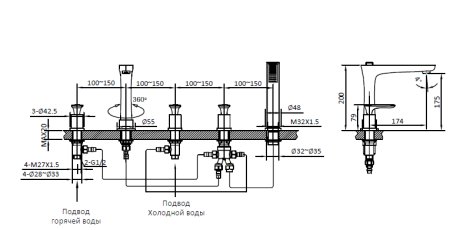 Смеситель на борт ванной с душем AltroBagno Aperto 020102 Cr хром 