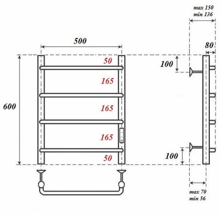 Электрический полотенцесушитель Point Ника PN08856 П4 500x600 диммер справа Хром 