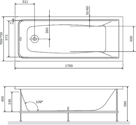 Акриловая ванна AM.PM Gem 170х75 без гидромассажа 
